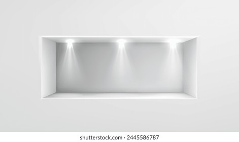 Nicho vacío en pared blanca con luces. Ilustración realista de Vector de agujero rectangular iluminado con lámparas led, diseño de librería, estante de tienda con espacio para mercancías, elemento de diseño de interiores de oficina