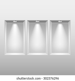 Empty niches in wall with spot lights photo realistic vector background