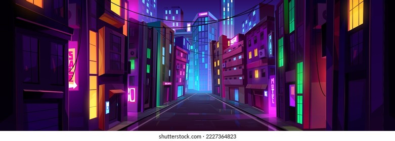 Empty night city street with neon lights. Vector cartoon illustration of modern megalopolis architecture, shops, apartment buildings. Windows of skyscrapers glowing in green, yellow, blue, red colors