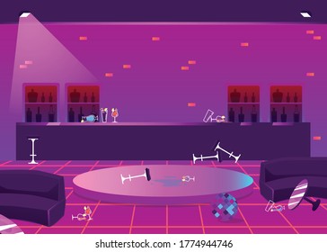 Empty night club interior background in mess after party ending, flat cartoon vector illustration. Neon illuminated night dance club with furniture in disorder.