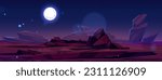 Empty night desert landscape under full moon light in starry sky. Vector cartoon illustration of rocky canyon, cliffs and sand, hot red rock, empty alien planet territory with stones. Game background