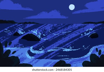 Empty night seascape in moonlight. Waves with foam hit stones, rocks silhouettes. Dark water of calm ocean under moon. Light in evening sky above blue sea, nature landscape. Flat vector illustration