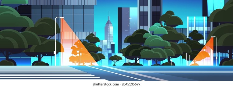 empty night street road with crosswalk city buildings skyline modern architecture cityscape background