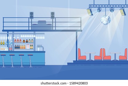 Empty Nightclub Interior Vector Illustration. Bar Counter with Alcohol Drink Bottles, Couches and Tables, DJ Stand Equipment, Disco Ball. Dance Floor for Music Discotheque, Night Club Party