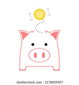 Empty No Money Pink Piggy Bank Saving With Golden Coin Flying Flat Vector Icon Design.