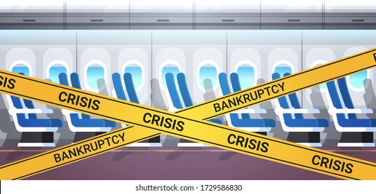 empty no people airplane board with yellow bankruptcy crisis tape coronavirus pandemic quarantine covid-19 concept modern plane interior horizontal vector illustration