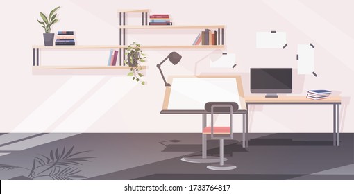 Empty No People Architect Office With Adjustable Drawing Desk Chair And Computer Workshop Engineer Room Interior Workspace For Artist Horizontal Vector Illustration