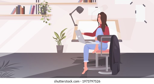 Empty No People Architect Office With Adjustable Drawing Desk Chair And Computer Workshop Engineer Room Interior Workspace For Artist Horizontal Vector Illustration