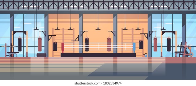 Empty No People Boxing Ring Modern Fight Club Interior Horizontal Vector Illustration