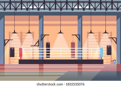 Empty No People Boxing Ring Modern Fight Club Interior Horizontal Vector Illustration