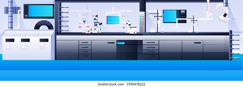 empty no people chemical research laboratory with different equipment scientist workplace science education concept