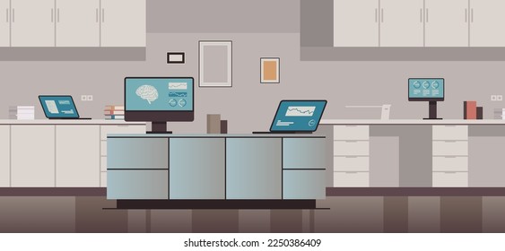 Empty no people chemical research laboratory with different equipment and workplace science modern interior horizontal concept flat vector illustration.