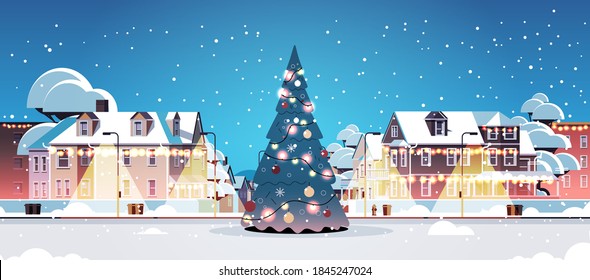 empty no people city street with decorated fir tree merry christmas happy new year winter holidays celebration concept cityscape background greeting card horizontal vector illustration