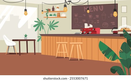 Empty no people eco-friendly cafe cozy design interior with green pants in pots decoration and wooden furniture cartoon background vector illustration. Fashionable place for rest and eat scene