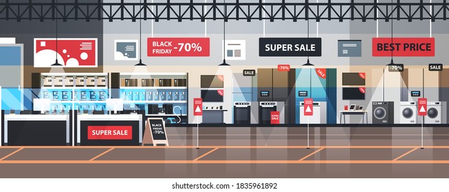empty no people electronics market black friday big sale promotion discount shopping concept household appliances store interior horizontal vector illustration