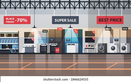 empty no people electronics market black friday big sale promotion discount shopping concept household appliances store interior horizontal vector illustration