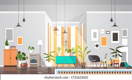 empty no people living room interior modern apartment with furniture horizontal vector illustration