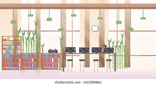 empty no people open space creative co-working center modern workplace office interior flat horizontal