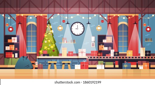 Empty No People Santa Claus Christmas Factory With Gifts On Machinery Line Happy New Year Winter Holidays Celebration Concept Horizontal Vector Illustration
