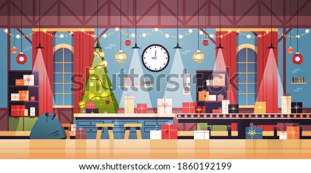 empty no people santa claus christmas factory with gifts on machinery line happy new year winter holidays celebration concept horizontal vector illustration