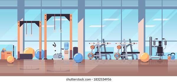 empty no people sport gym interior workout equipment fitness training healthy lifestyle concept horizontal vector illustration