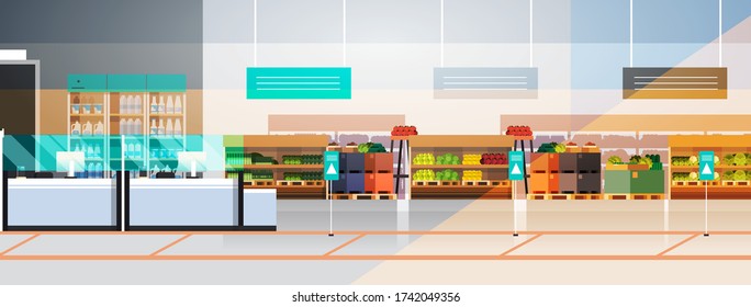 Empty No People Supermarket During Coronavirus Pandemic Quarantine Concept Covid-19 Epidemic Modern Grocery Shop Interior Horizontal Vector Illustration