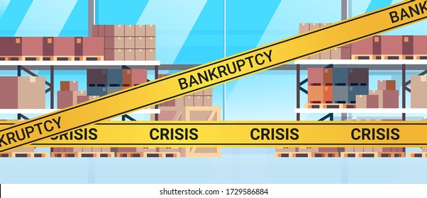 Empty No People Warehouse Full Of Cargo With Yellow Bankruptcy Crisis Tape Coronavirus Pandemic Quarantine Covid-19 Concept Modern Storehouse Interior Horizontal Vector Illustration