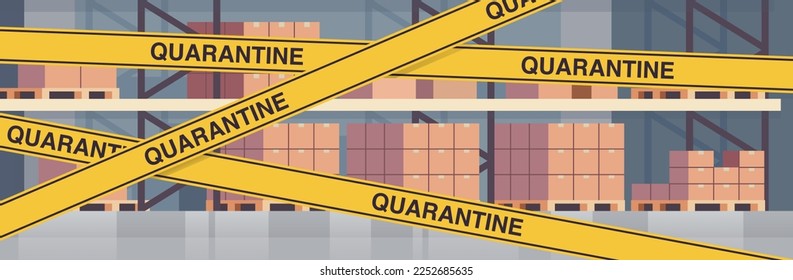 Empty no people warehouse interior full of cargo with yellow crisis tape coronavirus pandemic quarantine and modern storehouse interior horizontal banner concept flat vector illustration.