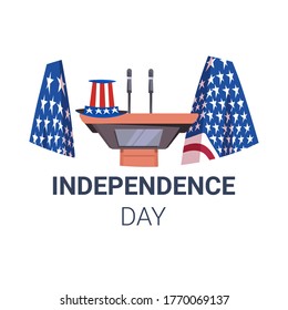 empty nobody podium speaker tribune with usa flags and festive hat american independence day celebration concept vector illustration