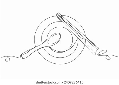 Empty Noodles bowl with soup spoon and chopsticks, continuous one line art, cartoon vector illustration hand drawn isolated on white background