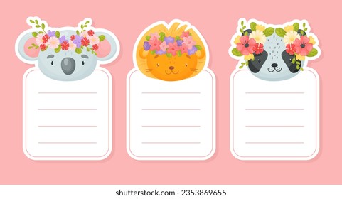 Tarjeta de nota vacía con animal de dibujos animados con correa floral sobre la plantilla de vectores de cabeza