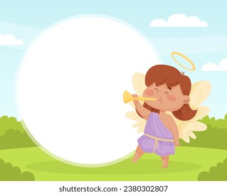 Leere Note Card mit Cute Girl Angel Zeichen mit Flügeln und Nimbus Play Trumpet Vector Template