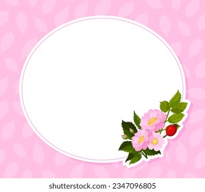 Empty Note Card with Dogrose Flower Pink Buds Vector Template