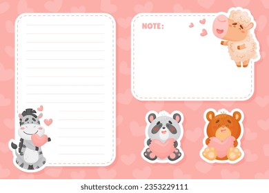 Empty Note Card with Funny Cartoon Animal with Heart Feel Love Vector Template