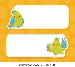 Empty Note Card with Green Parrot Funny Bird Vector Template