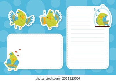 Empty Note Card with Green Parrot Funny Bird Vector Template