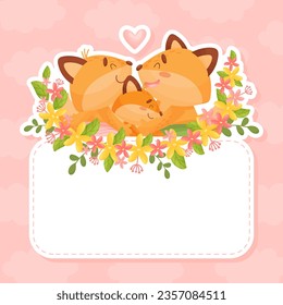Empty Note Card with Happy Fox Family with Mother, Father and Little Cub Vector Template