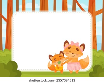 Empty Note Card with Happy Fox Family with Mother and Little Cub Vector Template