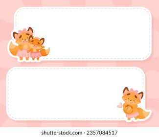Empty Note Card with Happy Fox Family with Mother and Little Cub Vector Template