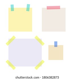 Empty note papers stuck with colored sticky tape strips. School and office supplies collection. Flat vector illustration isolated on white background 