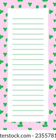 Empty Note template page with lines, Grocery shopping list. Green leaves on pink background