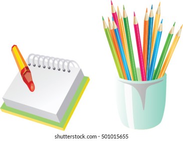 Empty notebook with and color pencil Vector. Modern vector icon on white. Illustration symbol icon isolated on white