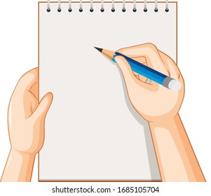 Empty notebook and hand with pencil on white background illustration