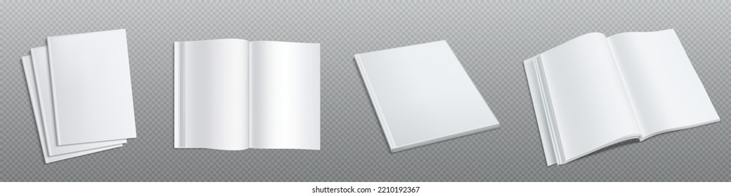 Vista superior cerrada y abierta de bloc de notas vacía, conjunto realista. Ilustración vectorial del libro de papel con páginas blancas en blanco aisladas en fondo transparente. Modelo 3d del catálogo de productos. Plantilla de diario privado