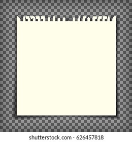Empty notebook page with torn edge. Blank paper pulled out of sketchbook. Notepaper mock up. Graphic design element for text, advertisement, doodle, sketch, scrapbooking. Realistic vector illustration