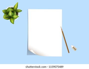Empty notebook with pencil and rubber on blue desk.