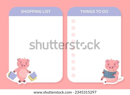Empty Notepad Sheet with Funny Pig Character Vector Template