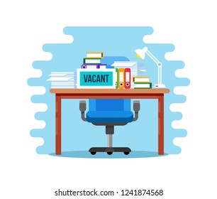 Empty office chair, concept of hiring staff, employee search, business recruiting, employment, vacancies, search employee, hiring job. Empty vacant workplace for potential staff. Vector illustration.