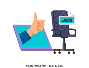 Empty office chair, concept of hiring staff, employee search, business recruiting, employment. Team search through modern online recruitment platforms on vacancies. Vector illustration.