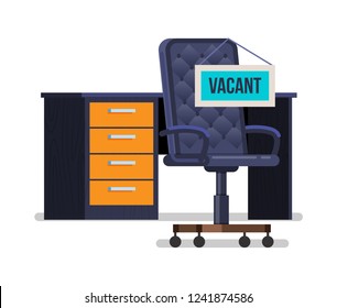 Empty office chair, concept of hiring staff, employee search, business recruiting, employment, vacancies. Empty vacant workplace with table for staff with an office chair. Vector illustration.